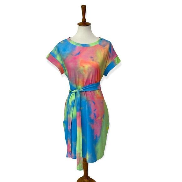 Colorful rainbow soft comfy shirt dress with tie waist Large OS - Picture 1 of 10